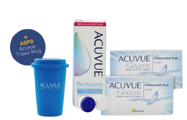 Combo Fortnightly Contact Lenses for Myopia ACUVUE Oasys 6+6 lenses + Acuvue Revitalens Solution 360ml + Gift Travel Mug
