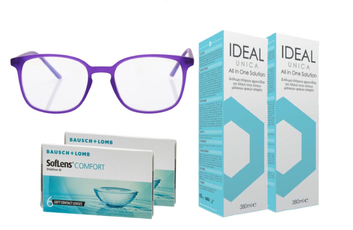 Combo Monthly Soflens Comfort for Myopia 6+6 Contact Lenses, Ideal Unica Solution 380ml+380ml and Oblue Blue Light Glasses.