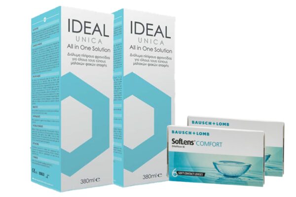 Combo Μηνιαίοι Φακοί Επαφής Μυωπίας Soflens Comfort 6+6 τμχ & Υγρό Φακών Ideal Unica 380ml+380ml